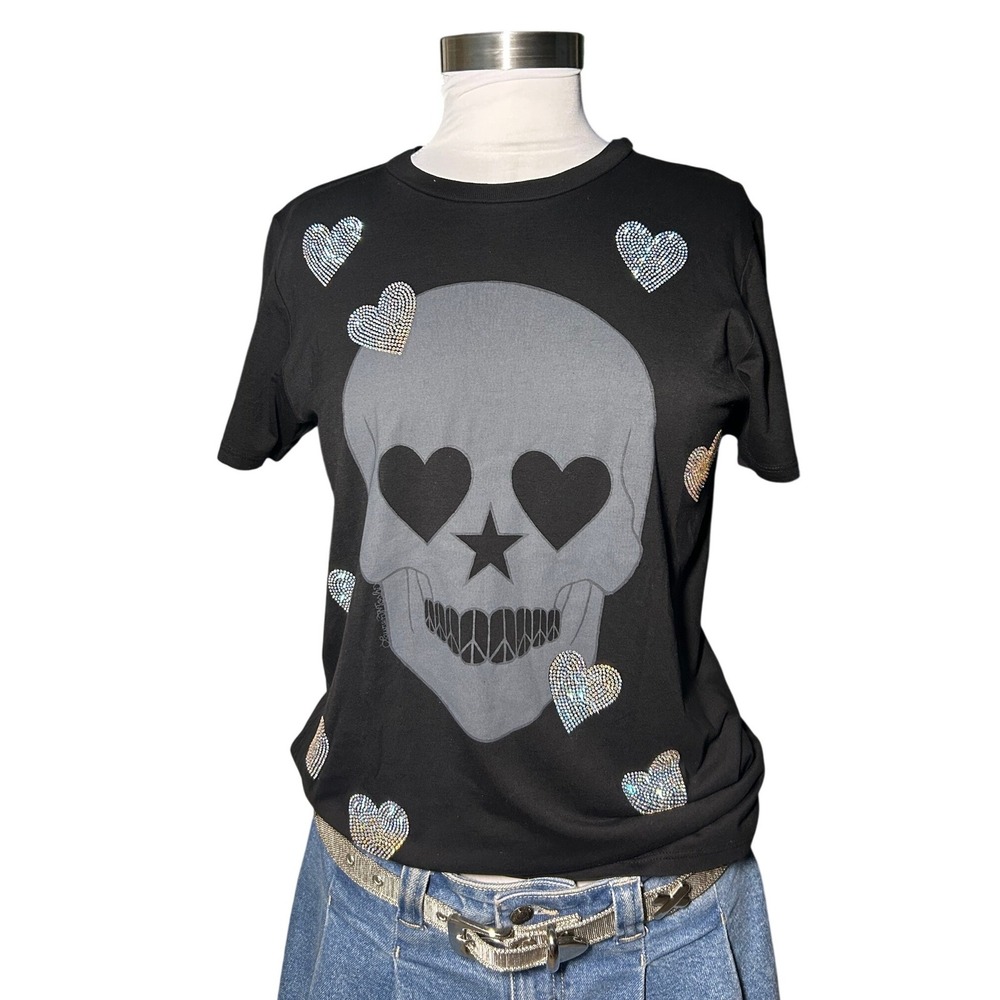 Lauren Moshi Wolf X Crystal Peace Love Skull Black Heart Rhinestone T- Shirt XS